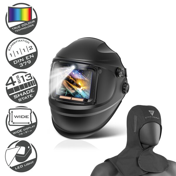 STAHLWERK Automatik-Schweißhelm RAPTOR 3-in-1 im Set mit Schweißhaube | LED-Kopflicht | True-Colour-Echtfarbwiedergabe | Jobspeicher | Automatische Abdunkelung DIN 4 - DIN 13 | Optische Klasse 1/1/1/2