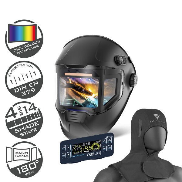 STAHLWERK SPLIT 3-in-1 automatic welding helmet with welding hood | 180° field of vision | LCD color display | true color true color reproduction | job memory | darkening DIN 4 - DIN 14 | optical class 1/1/1/1