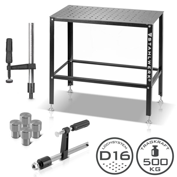 STAHLWERK Zestaw stołu spawalniczego | Solidny stół spawalniczy i montażowy z systemem otworów D16 | Blat roboczy 3 mm | Zestaw do samodzielnego montażu w zestawie z zaciskami mocującymi, śrubowymi i zaciskowymi | 4 śruby zaciskowe i centrujące