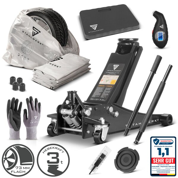 STAHLWERK tire change set | manoeuvring jack WHF-73 ST 3 t | lifting range 73-500 mm | tire pressure gauge (LED) | tread depth gauge | knee cushion | valve caps | gloves | tire protection covers