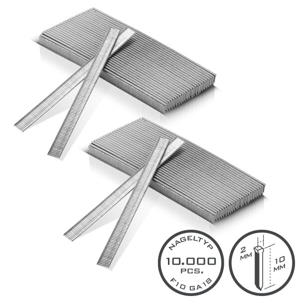 STAHLWERK pneumatic nails 10 mm gauge 18 (1.25 x 1.05 mm) with 2 mm head width in a set of 10,000 strip nails | tacker nails | pneumatic nails for nailers, nail guns and tackers 10 mm gauge 18