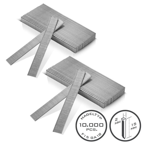 STAHLWERK pneumatic nails 15 mm gauge 18 (1.25 x 1.05 mm) with 2 mm head width in a set of 10,000 strip nails | tacker nails | pneumatic nails for nailers, nail guns and tackers 15 mm gauge 18