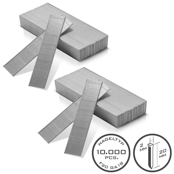 STAHLWERK pneumatic nails 20 mm gauge 18 (1.25 x 1.05 mm) with 2 mm head width in a set of 10,000 strip nails | tacker nails | pneumatic nails for nailers, nail guns and tackers