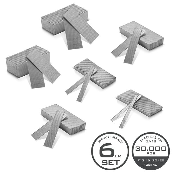 STAHLWERK Druckluft Nägel Gauge 18 (1,25 x 1,05 mm) | 2 mm Kopfbreite im 30.000er Set | Verzinkte Streifennägel F10 bis 45 mm | Tackernägel | Druckluft Stifte für Nagler, Nagelpistolen und Tacker