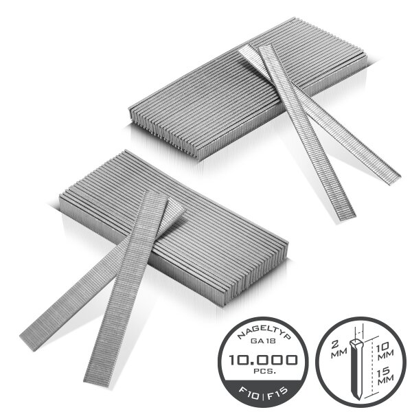 STAHLWERK Druckluftnägel 10 und 15 mm | Gauge 18 (1,25 x 1,05 mm) | 2 mm Kopfbreite | 2er Set | 10.000 verzinkte Streifennägeln F10 und F15 | Tackernägel | Druckluft-Stifte für Nagelpistolen, Tacker