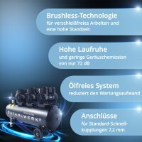 STAHLWERK Kompressor ST-1010 Pro Vollausstattung | 10 bar | 5,91 PS | 4,35 kW | 750 l/min | 120 l Tank | Ölfrei | Brushless-Motor| 5 Meter Schlauch | Reifenfüller | 3-fach Verteiler | Ausblaspistole