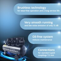 STAHLWERK ST-1010 Pro fully equipped compressor | 10 bar | 5.91 hp | 4.35 kW | 750 l/min | 120 l tank | oil-free | brushless motor | 5 meter hose | tire inflator | 3-way distributor | blow-out gun