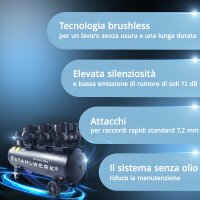 STAHLWERK ST-1010 Pro compressore completamente equipaggiato | 10 bar | 5,91 hp | 4,35 kW | 750 l/min | serbatoio da 120 l | senza olio | motore brushless | tubo da 5 metri | gonfiatore di pneumatici | distributore a 3 vie | pistola di soffiaggio