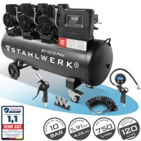 STAHLWERK Compresseur ST-1010 Pro équipement complet | 10 bar | 5,91 CV | 4,35 kW | 750 l/min | Réservoir 120 l | Sans huile | Moteur Brushless| 5 mètres de tuyau | Gonfleur de pneus | Distributeur triple | Pistolet de soufflage