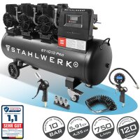 STAHLWERK Compresor ST-1010 Pro totalmente equipado | 10 bar | 5,91 CV | 4,35 kW | 750 l/min | Depósito de 120 l | Sin aceite | Motor sin escobillas | Manguera de 5 metros | Inflador de neumáticos | Distribuidor de 3 vías | Pistola de soplado