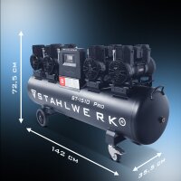 STAHLWERK Compresor ST-1510 Pro totalmente equipado | 10 bar | 7,89 CV | 5,8 kW | 1000 l/min | 150 l depósito | exento de aceite | motor sin escobillas | manguera de 5 metros | inflador de neumáticos | distribuidor de 3 vías | pistola de soplado