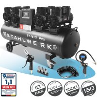 STAHLWERK W pełni wyposażony kompresor ST-1510 Pro | 10 bar | 7,89 KM | 5,8 kW | 1000 l/min | 150 l zbiornik | bezolejowy | silnik bezszczotkowy | 5-metrowy wąż | pompka do opon | 3-drożny rozdzielacz | pistolet do przedmuchiwania