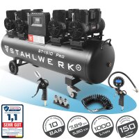 STAHLWERK ST-1510 Pro compressore completamente attrezzato | 10 bar | 7,89 CV | 5,8 kW | 1000 l/min | serbatoio da 150 l | senza olio | motore brushless | tubo da 5 metri | gonfiatore di pneumatici | distributore a 3 vie | pistola di soffiaggio