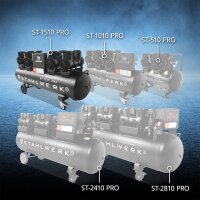 STAHLWERK W pełni wyposażony kompresor ST-1510 Pro | 10 bar | 7,89 KM | 5,8 kW | 1000 l/min | 150 l zbiornik | bezolejowy | silnik bezszczotkowy | 5-metrowy wąż | pompka do opon | 3-drożny rozdzielacz | pistolet do przedmuchiwania