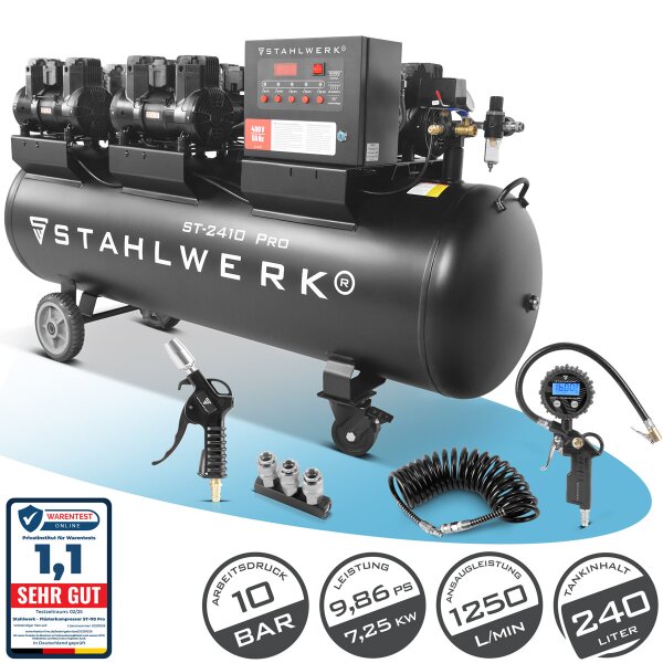 STAHLWERK Kompressor ST-2410 Pro Vollausstattung | 10 bar | 9,86 PS | 7,25 kW | 1250 l/min | 240 L Tank | Ölfrei | Brushless-Motor | 5 Meter Schlauch | Reifenfüller | 3-fach Verteiler | Ausblaspistole