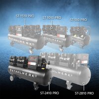 STAHLWERK ST-2410 Pro compressore completamente equipaggiato | 10 bar | 9,86 CV | 7,25 kW | 1250 l/min | serbatoio da 240 L | senza olio | motore brushless | tubo da 5 metri | gonfiatore per pneumatici | distributore a 3 vie | pistola di soffiaggio
