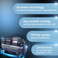 STAHLWERK ST-2410 Pro fuldt udstyret kompressor | 10 bar | 9,86 hk | 7,25 kW | 1250 l/min | 240 L tank | oliefri | børsteløs motor | 5 meter slange | dækpumpe | 3-vejs fordeler | udblæsningspistol