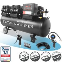 STAHLWERK ST-2410 Pro fuldt udstyret kompressor | 10 bar | 9,86 hk | 7,25 kW | 1250 l/min | 240 L tank | oliefri | børsteløs motor | 5 meter slange | dækpumpe | 3-vejs fordeler | udblæsningspistol
