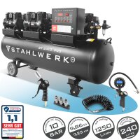 STAHLWERK Compresseur ST-2410 Pro équipement complet | 10 bar | 9,86 CV | 7,25 kW | 1250 l/min | Réservoir 240 L | Sans huile | Moteur Brushless | 5 mètres de tuyau | Gonfleur de pneus | Distributeur à 3 voies | Pistolet de soufflage
