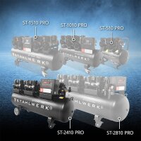 STAHLWERK ST-2410 Pro fuldt udstyret kompressor | 10 bar | 9,86 hk | 7,25 kW | 1250 l/min | 240 L tank | oliefri | børsteløs motor | 5 meter slange | dækpumpe | 3-vejs fordeler | udblæsningspistol