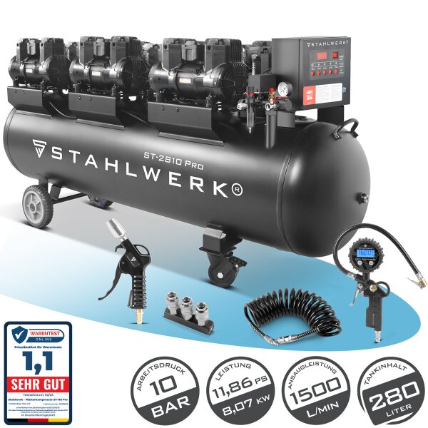 STAHLWERK Kompressor ST-2810 Pro Vollausstattung | 10 bar | 11,83 PS | 8,7 kW | 1500 l/min | 280 L Tank | Ölfrei | Brushless-Motor | 5 Meter Schlauch | Reifenfüller | 3-fach Verteiler | Ausblaspistole