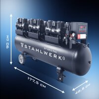 STAHLWERK Compressore ST-2810 Pro con dotazione completa | 10 bar | 11,83 CV | 8,7 kW | 1500 l/min | Serbatoio da 280 l | Senza olio | Motore brushless | Tubo flessibile da 5 metri | Gonfiagomme | Tripla presa | Pistola di espulsione