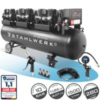 STAHLWERK Kompresor ST-2810 Pro z pełnym wyposażeniem | 10 bar | 11,83 KM | 8,7 kW | 1500 l/min | zbiornik 280 l | bezolejowy | silnik bezszczotkowy | wąż 5 m | pompka do opon | rozdzielacz 3-drożny | pistolet do przedmuchiwania