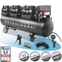 STAHLWERK Compressore ST-2810 Pro con dotazione completa | 10 bar | 11,83 CV | 8,7 kW | 1500 l/min | Serbatoio da 280 l | Senza olio | Motore brushless | Tubo flessibile da 5 metri | Gonfiagomme | Tripla presa | Pistola di espulsione