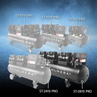 STAHLWERK Kompresor ST-2810 Pro z pełnym wyposażeniem | 10 bar | 11,83 KM | 8,7 kW | 1500 l/min | zbiornik 280 l | bezolejowy | silnik bezszczotkowy | wąż 5 m | pompka do opon | rozdzielacz 3-drożny | pistolet do przedmuchiwania