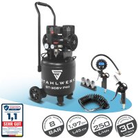 STAHLWERK Compresor ST-308V Pro totalmente equipado | 8 bar | 1,97 CV | 1,45 kW | 250 l/min | Dep&oacute;sito de 30 L | exento de aceite | motor sin escobillas | manguera de 5 metros | inflador de neum&aacute;ticos | distribuidor de 3 v&iacute;as | pistola de soplado