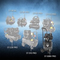 STAHLWERK ST-308V Pro plně vybaven&yacute; kompresor | 8 barů | 1,97 hp | 1,45 kW | 250 l/min | 30 l n&aacute;drž | bezolejov&yacute; motor | bezkart&aacute;čov&yacute; motor | 5 m hadice | hu&scaron;těn&iacute; pneumatik | tř&iacute;cestn&yacute; rozdělovač | vyfukovac&iacute; pistole