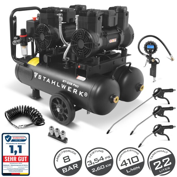 STAHLWERK Kompresor ST-228 Pro – kompletní výbava | 8 bar | 3,54 PS | 2,6 kW | 410 l/min | 22 l nádrž | bezolejový | bezkartáčový motor | 5 metrů hadice | hustilka pneumatik | 3násobný rozdělovač | Vyfukovací pistole