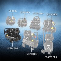 STAHLWERK Compressore ST-228 Pro completamente equipaggiato | 8 bar | 3,54 CV | 2,6 kW | 410 l/min | serbatoio da 22 L | senza olio | motore brushless | tubo da 5 metri | gonfiatore di pneumatici | distributore a 3 vie | pistola di soffiaggio