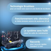 STAHLWERK Compresseur ST-228 Pro &eacute;quipement complet | 8 bar | 3,54 CV | 2,6 kW | 410 l/min | R&eacute;servoir 22 L | Sans huile | Moteur Brushless | 5 m&egrave;tres de tuyau | Gonfleur de pneus | Distributeur 3 voies | Pistolet de soufflage