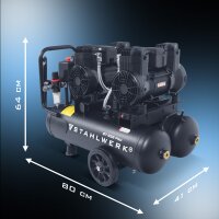 STAHLWERK ST-228 Pro volledig uitgeruste compressor | 8 bar | 3,54 pk | 2,6 kW | 410 l/min | 22 L tank | olievrij | borstelloze motor | 5 meter slang | bandenopblazer | 3-weg verdeler | uitblaaspistool