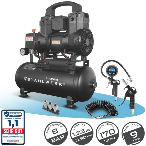 STAHLWERK Kompressor ST-98 Pro Vollausstattung | 8 bar | 1,22 PS | 0,90 kW | 170 l/min | 9 L Tank | Ölfrei | Brushless-Motor | 5 Meter Schlauch | Reifenfüller | 3-fach Verteiler | Ausblaspistole