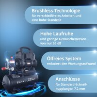 STAHLWERK Kompressor ST-98 Pro Vollausstattung | 8 bar | 1,22 PS | 0,90 kW | 170 l/min | 9 L Tank | &Ouml;lfrei | Brushless-Motor | 5 Meter Schlauch | Reifenf&uuml;ller | 3-fach Verteiler | Ausblaspistole