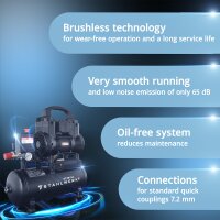 STAHLWERK ST-98 Pro fully equipped compressor | 8 bar | 1.22 hp | 0.90 kW | 170 l/min | 9 L tank | oil-free | brushless motor | 5 meter hose | tire inflator | 3-way distributor | blow-out gun