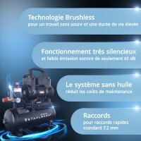 STAHLWERK Compresseur ST-98 Pro &eacute;quipement complet | 8 bar | 1,22 CV | 0,90 kW | 170 l/min | R&eacute;servoir 9 L | Sans huile | Moteur Brushless | 5 m&egrave;tres de tuyau | Gonfleur de pneus | Distributeur &agrave; 3 voies | Pistolet de soufflage