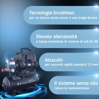 STAHLWERK Compressore ST-98 Pro completamente attrezzato | 8 bar | 1,22 CV | 0,90 kW | 170 l/min | serbatoio da 9 L | senza olio | motore brushless | tubo da 5 metri | gonfiatore di pneumatici | distributore a 3 vie | pistola di soffiaggio