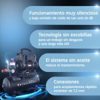 STAHLWERK Compresor ST-98 Pro totalmente equipado | 8 bar | 1,22 CV | 0,90 kW | 170 l/min | Dep&oacute;sito de 9 L | Sin aceite | Motor sin escobillas | Manguera de 5 metros | Inflador de neum&aacute;ticos | Distribuidor de 3 v&iacute;as | Pistola de soplado