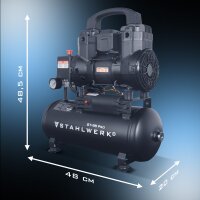 STAHLWERK Compressore ST-98 Pro completamente attrezzato | 8 bar | 1,22 CV | 0,90 kW | 170 l/min | serbatoio da 9 L | senza olio | motore brushless | tubo da 5 metri | gonfiatore di pneumatici | distributore a 3 vie | pistola di soffiaggio