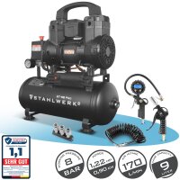 STAHLWERK ST-98 Pro fully equipped compressor | 8 bar | 1.22 hp | 0.90 kW | 170 l/min | 9 L tank | oil-free | brushless motor | 5 meter hose | tire inflator | 3-way distributor | blow-out gun