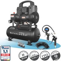 STAHLWERK Compresseur ST-98 Pro &eacute;quipement complet | 8 bar | 1,22 CV | 0,90 kW | 170 l/min | R&eacute;servoir 9 L | Sans huile | Moteur Brushless | 5 m&egrave;tres de tuyau | Gonfleur de pneus | Distributeur &agrave; 3 voies | Pistolet de soufflage