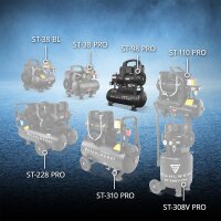 STAHLWERK Compresseur ST-98 Pro &eacute;quipement complet | 8 bar | 1,22 CV | 0,90 kW | 170 l/min | R&eacute;servoir 9 L | Sans huile | Moteur Brushless | 5 m&egrave;tres de tuyau | Gonfleur de pneus | Distributeur &agrave; 3 voies | Pistolet de soufflage