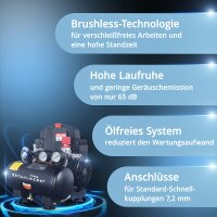 STAHLWERK Kompressor ST-38 BL Vollausstattung | 8 bar | 1,22 PS | 0,90 kW | 170 l/min | 3 L Tank | &Ouml;lfrei | Brushless-Motor | 5 Meter Schlauch | Reifenf&uuml;ller | 3-fach Verteiler | Ausblaspistole