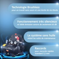 STAHLWERK Compresseur ST-38 BL &eacute;quipement complet | 8 bar | 1,22 CV | 0,90 kW | 170 l/min | R&eacute;servoir 3 L | Sans huile | Moteur Brushless | 5 m&egrave;tres de tuyau | Gonfleur de pneus | Distributeur &agrave; 3 voies | Pistolet de soufflage