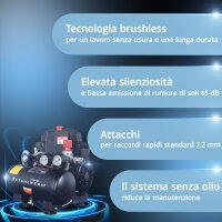 STAHLWERK Compressore ST-38 BL, completamente equipaggiato | 8 bar | 1,22 CV | 0,90 kW | 170 l/min | serbatoio da 3 L | senza olio | motore brushless | tubo da 5 metri | gonfiatore per pneumatici | distributore a 3 vie | pistola di soffiaggio