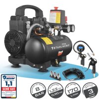 STAHLWERK Compresseur ST-38 BL &eacute;quipement complet | 8 bar | 1,22 CV | 0,90 kW | 170 l/min | R&eacute;servoir 3 L | Sans huile | Moteur Brushless | 5 m&egrave;tres de tuyau | Gonfleur de pneus | Distributeur &agrave; 3 voies | Pistolet de soufflage