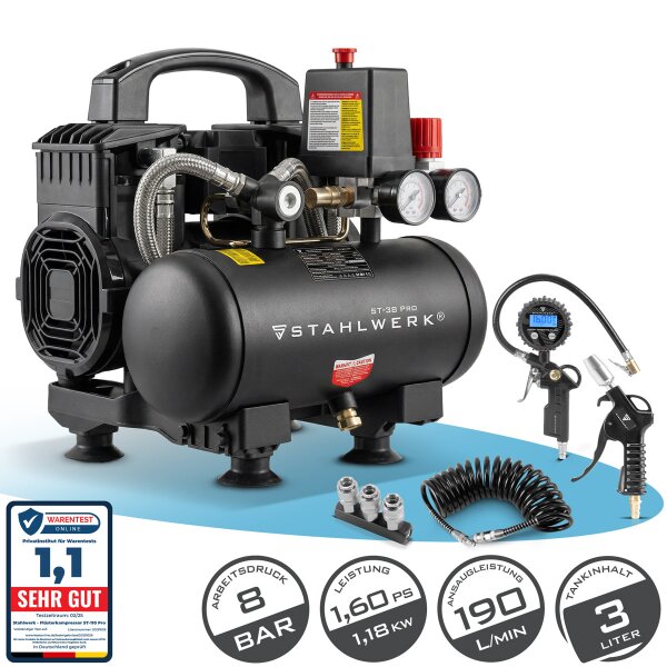 STAHLWERK Kompressor ST-38 PRO Vollausstattung | 8 bar | 1,6 PS | 1,18 kW | 190 l/min | 3 L Tank | Ölfrei | Brushless-Motor | 5 Meter Schlauch | Reifenfüller | 3-fach Verteiler | Ausblaspistole